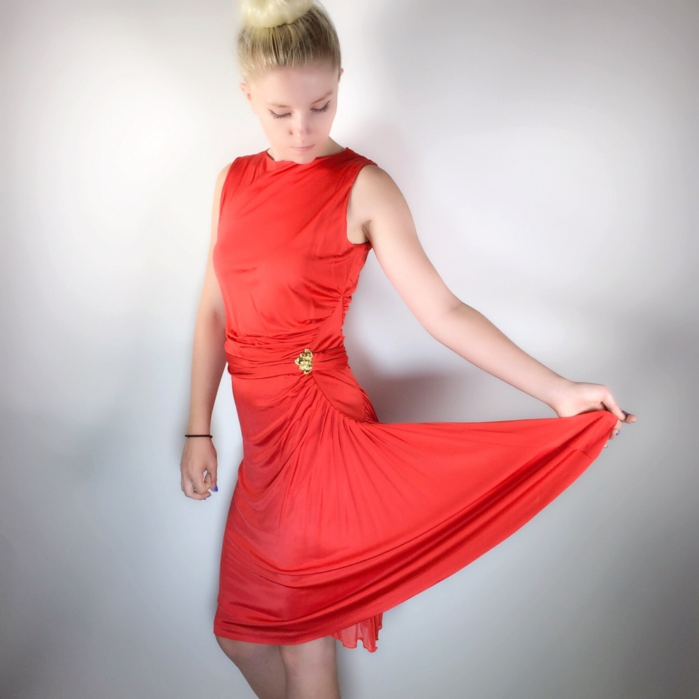 Roberto Cavalli Red Ruched Midi Dress